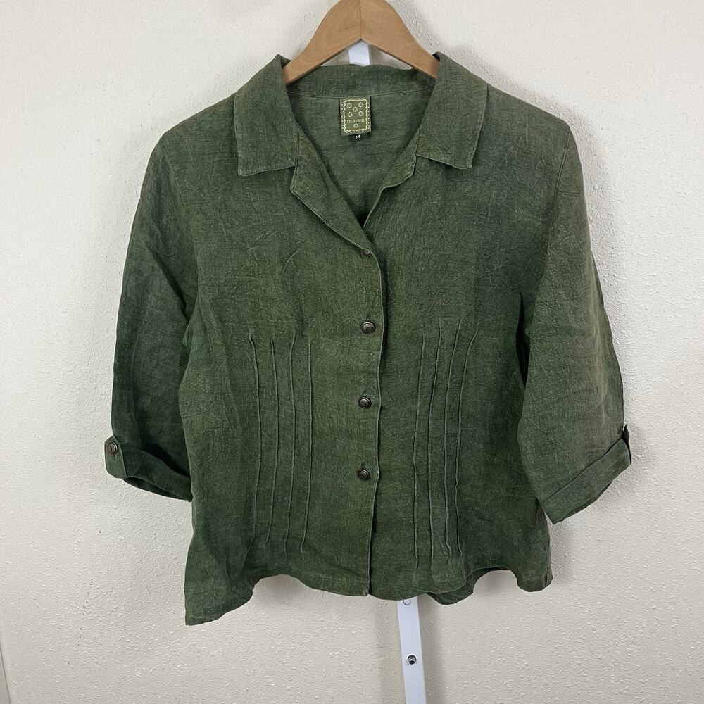 Maiwa Linen Button Front Shirt Womens Medium Pintuck Lagenlook Cottagecore